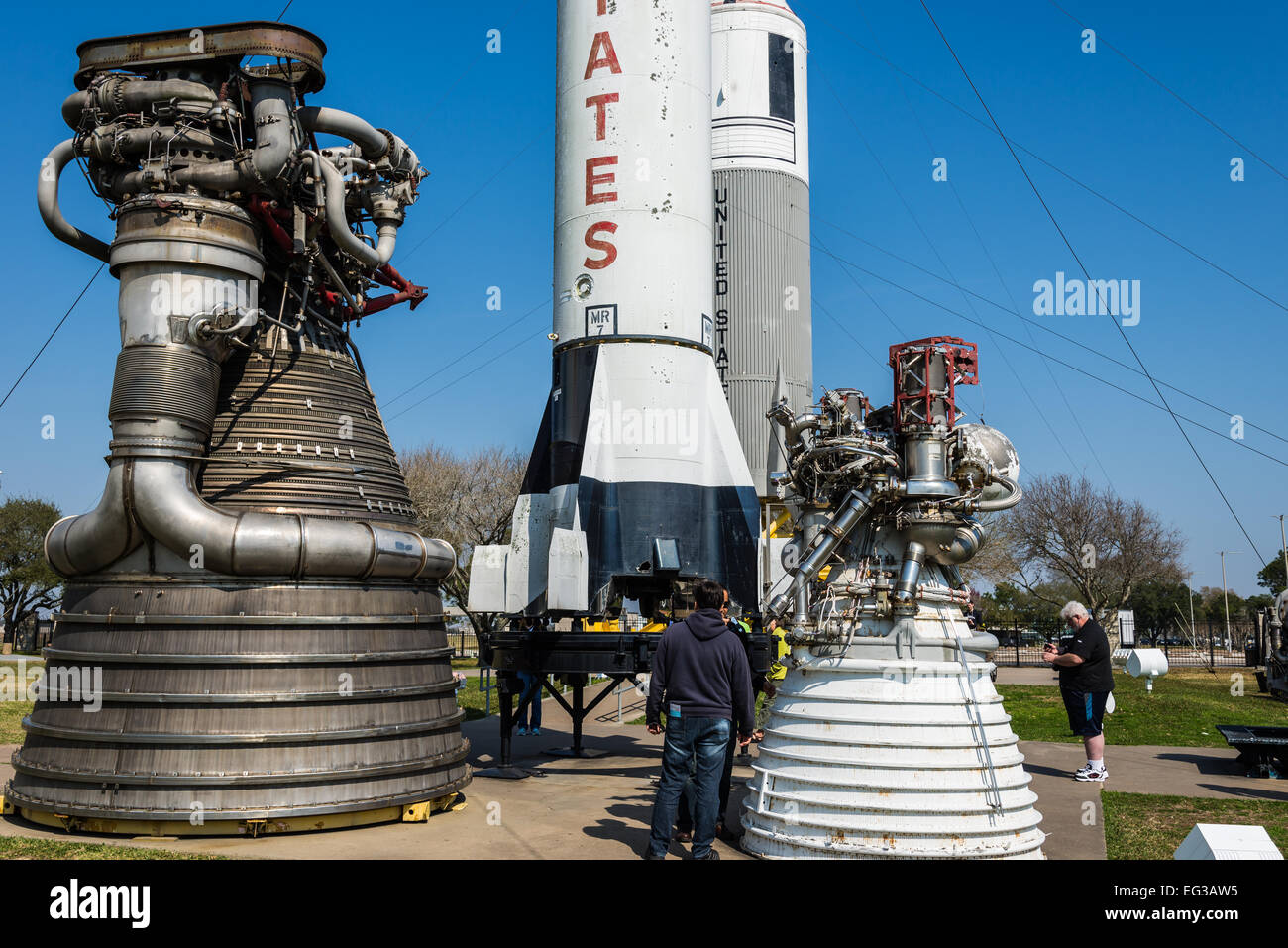Visitors can get close to the rockets engines at the Rocket Park, NASA Johnson Space Center, Houston, Texas, USA. Stock Photo