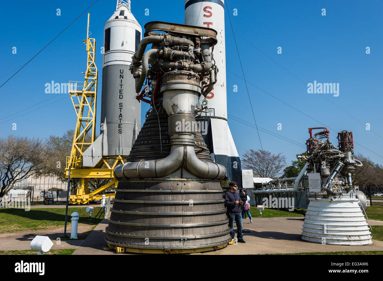 Rocket engines in display at the Rocket Park, NASA Johnson Space Center, Houston, Texas, USA. Stock Photo