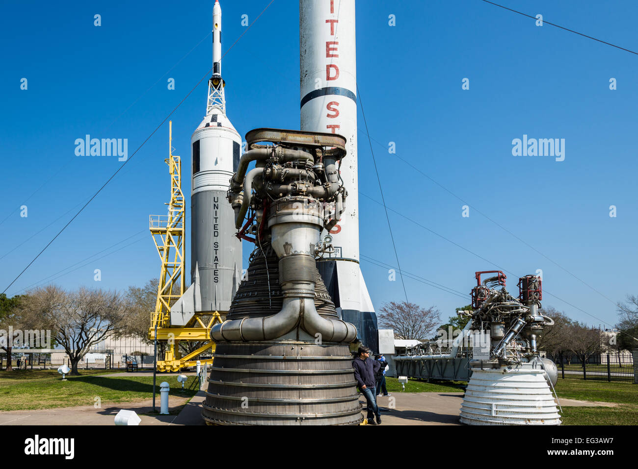 Rocket engines in display at the Rocket Park, NASA Johnson Space Center, Houston, Texas, USA. Stock Photo