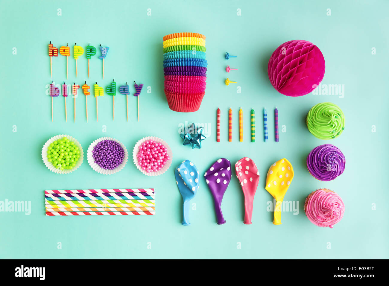 Overhead view of birthday party object collection Stock Photo