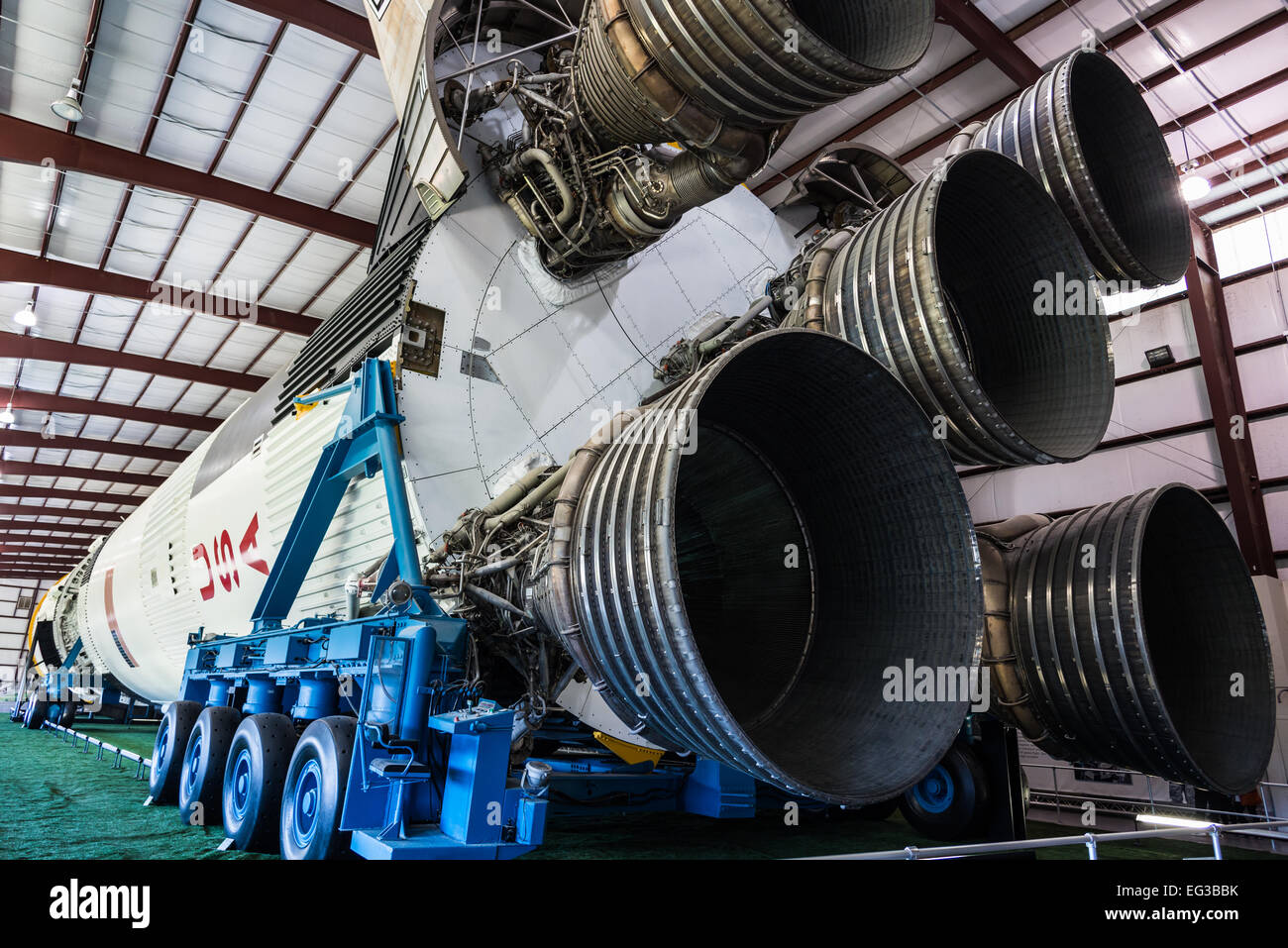 Engines on the Stage I of the Saturn V rocket at NASA Johnson Space Center, Houston, Texas, USA. Stock Photo
