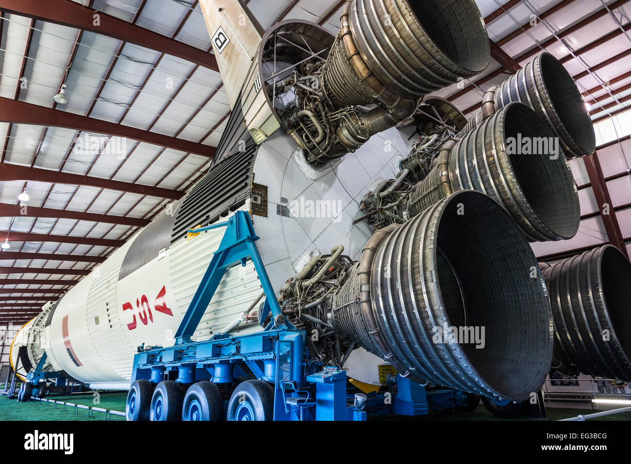 The Saturn Five rocket in display at NASA Johnson Space Center, Houston, Texas, USA. Stock Photo