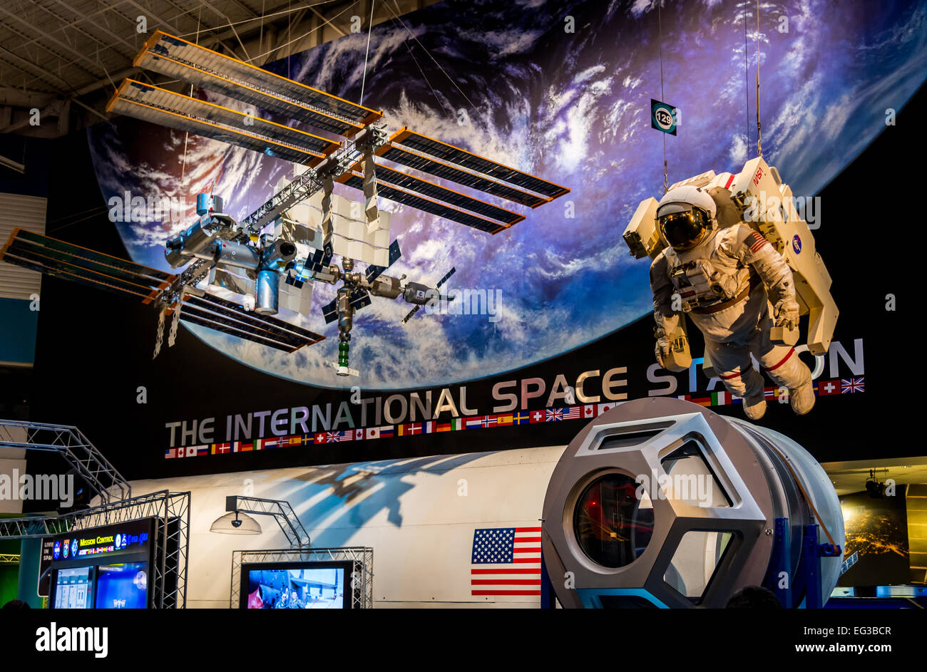 Model of the International Space Station at NASA Johnson Space Center, Houston, Texas, USA. Stock Photo