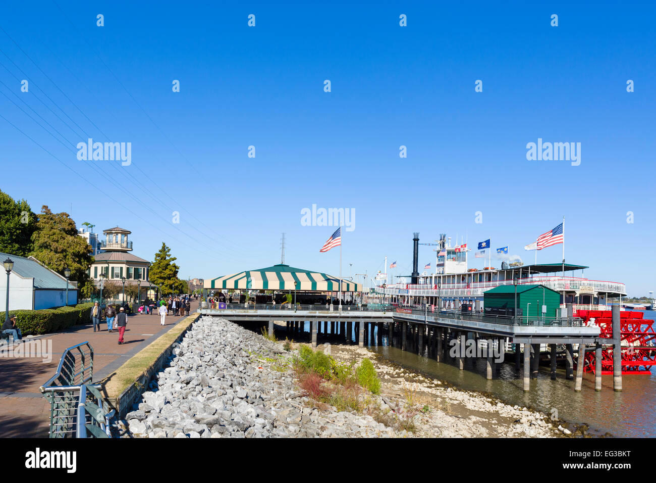 Waterfront promenade and the steamboat Natchez on the Mississippi River, French Quarter, New Orleans, Louisiana, USA Stock Photo