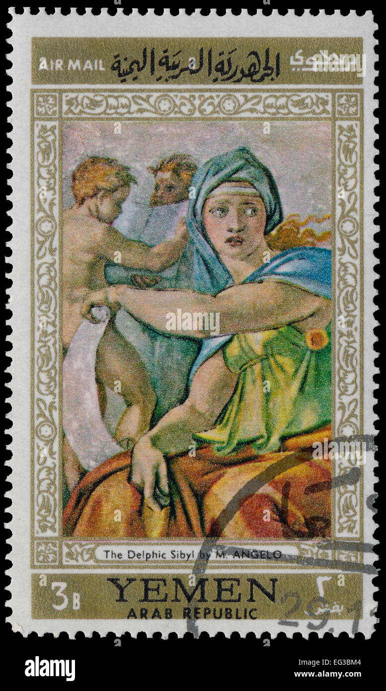 YEMEN - CIRCA 1968: stamp printed by Yemen, shows The Delphic Sibyl by Michelangelo, circa 1968 Stock Photo