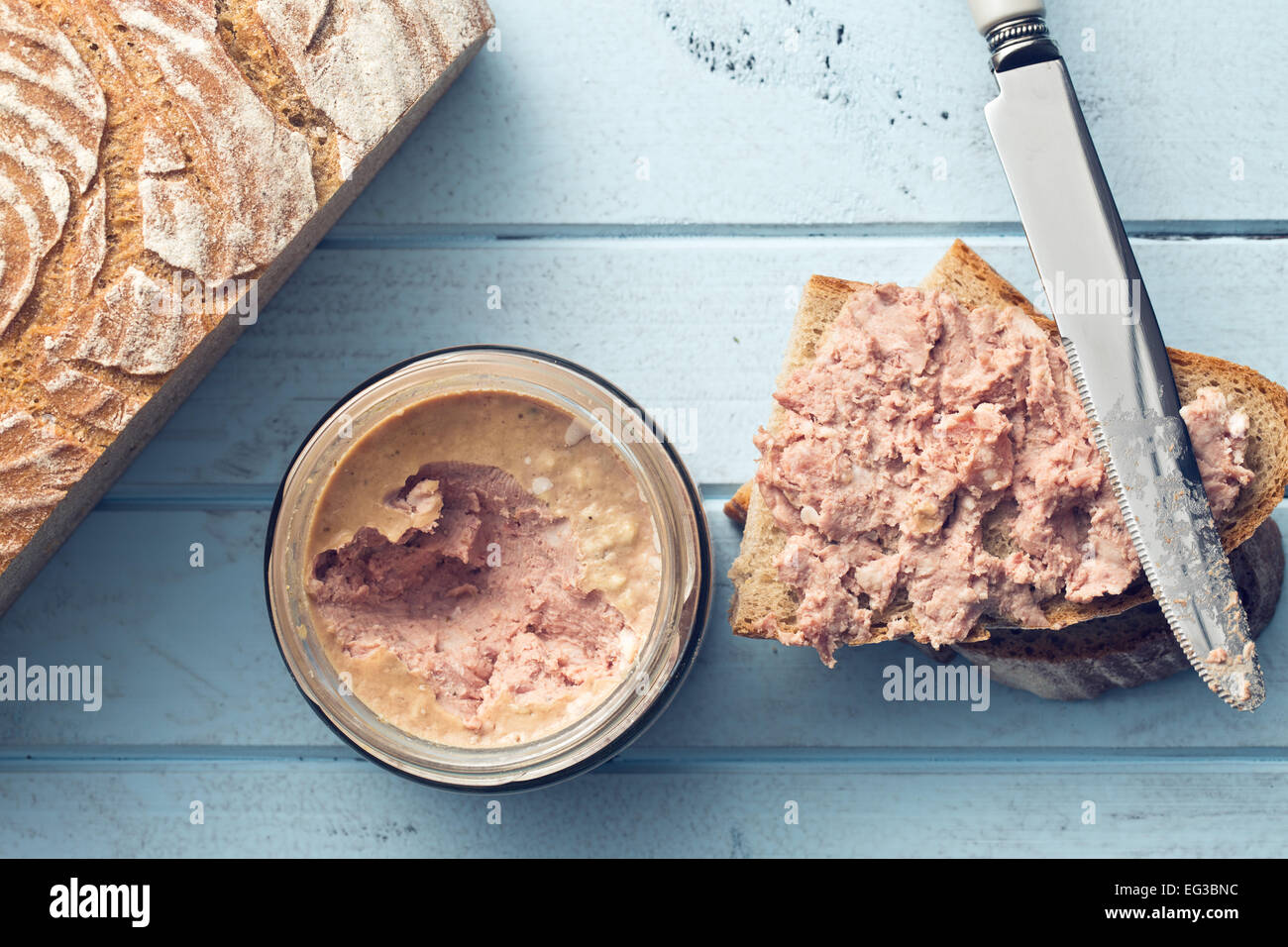 the pate with bread on kitchen table Stock Photo