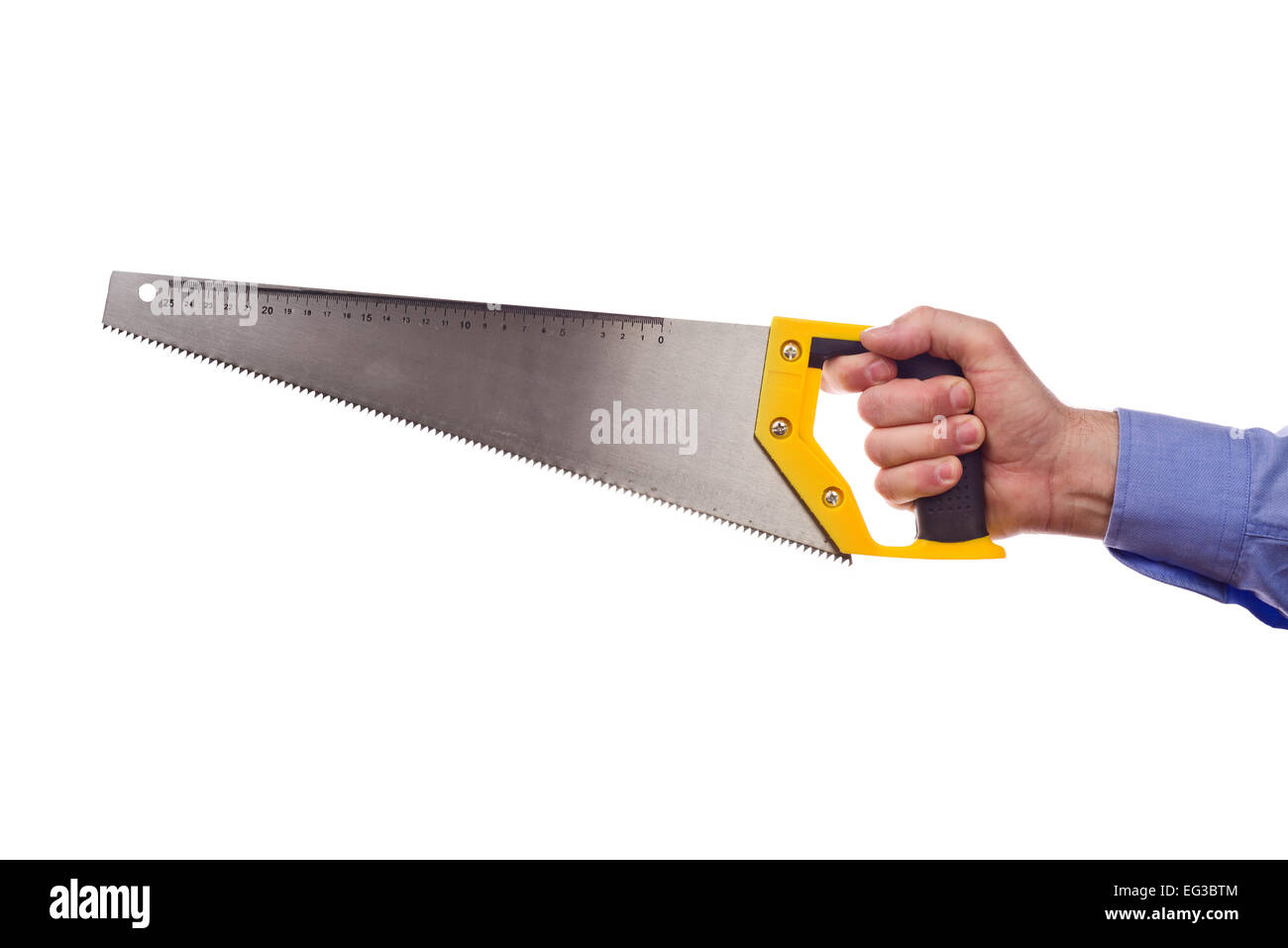 Male worker's hand holding crosscut handsaw. Part of series set of images with DIY tools for home jobs and crafts in hand isolat Stock Photo