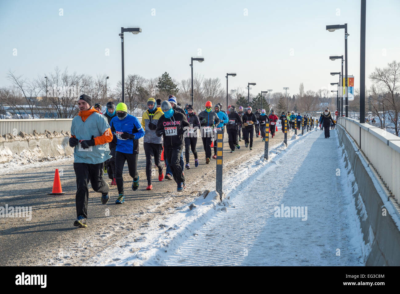 MONTREAL, CANADA, FEBRUARY 15: Unidentified runners during Hypothermic Half Marathon on February 15, 2015 in Montreal, Canada. Stock Photo