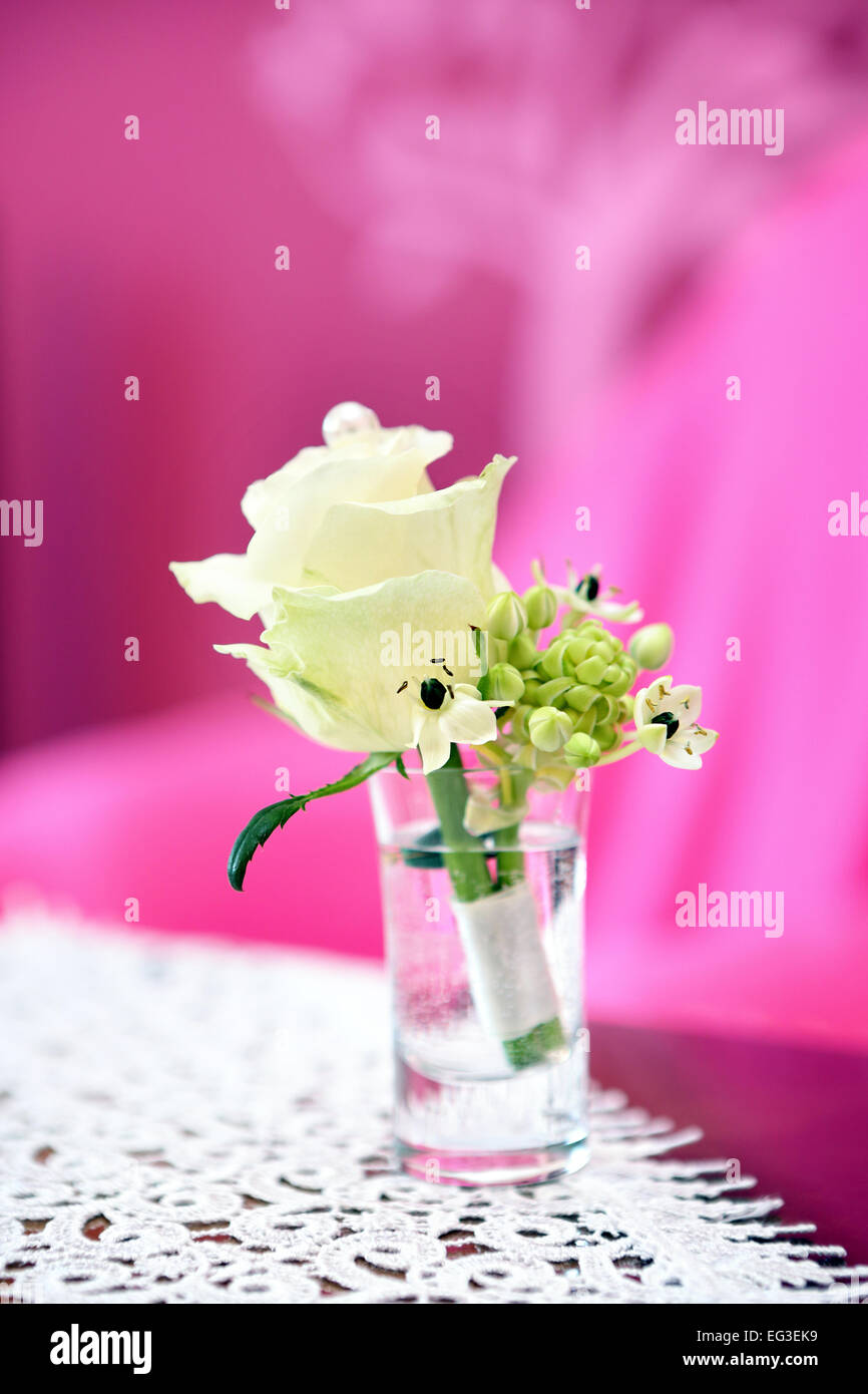 White flower wedding boutonniere for the groom on pink background. Stock Photo