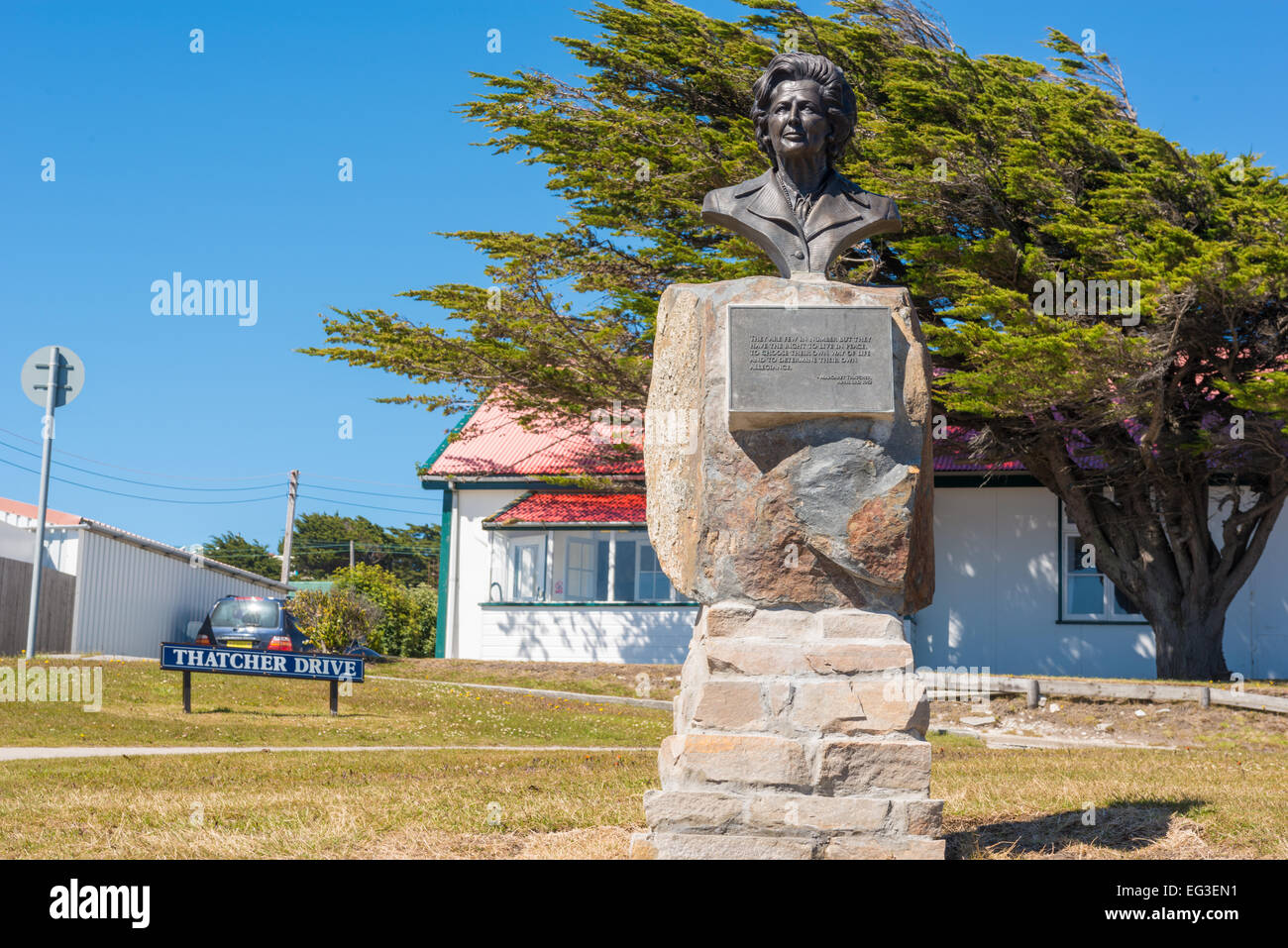 Memorial bust to Margaret Thatcher commemorating her part in deefending Stanley in Falklands war Stock Photo