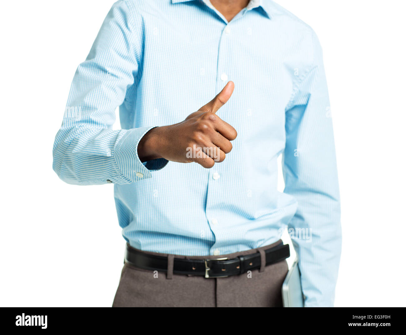 African american college student standing with laptop and finger up on white background Stock Photo