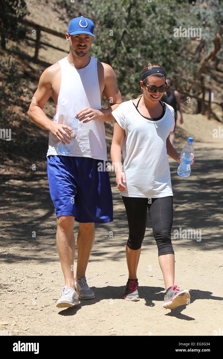 Lea Michele and Matthew Paetz go hiking together in the Hollywood hills  Featuring: Lea Michele,Matthew Paetz Where: Los Angeles, California, United States When: 13 Aug 2014 Stock Photo