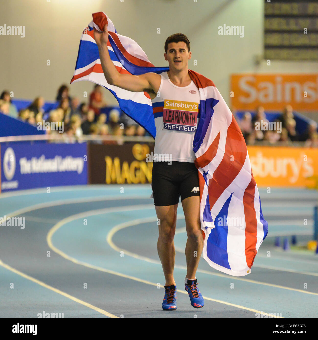 Sheffield, UK. 15th Feb, 2015. British Indoor Athletics Championship. Guy Learmonth celebrates becoming British Champion in the 800m. Credit:  Action Plus Sports/Alamy Live News Stock Photo