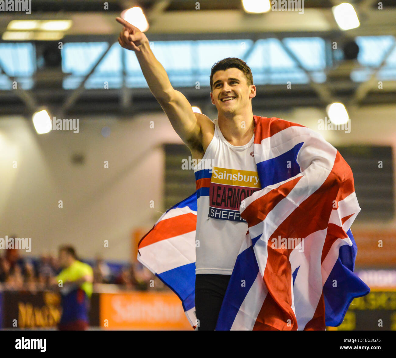 Sheffield, UK. 15th Feb, 2015. British Indoor Athletics Championship. Guy Learmonth celebrates becoming British Champion in the 800m. Credit:  Action Plus Sports/Alamy Live News Stock Photo