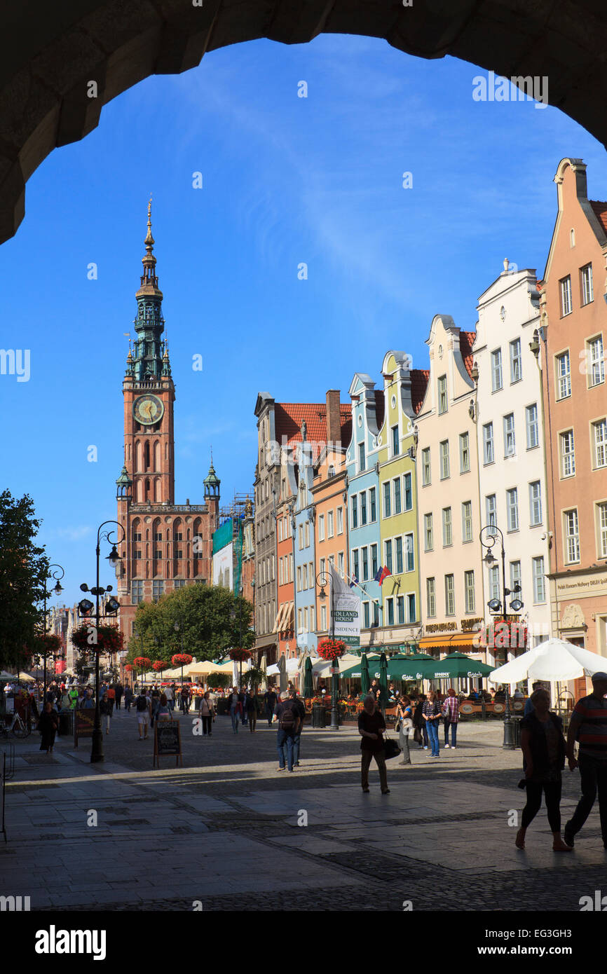 Long Market and Town Hall in Gdansk Old Town seen through the Green Gate. Stock Photo