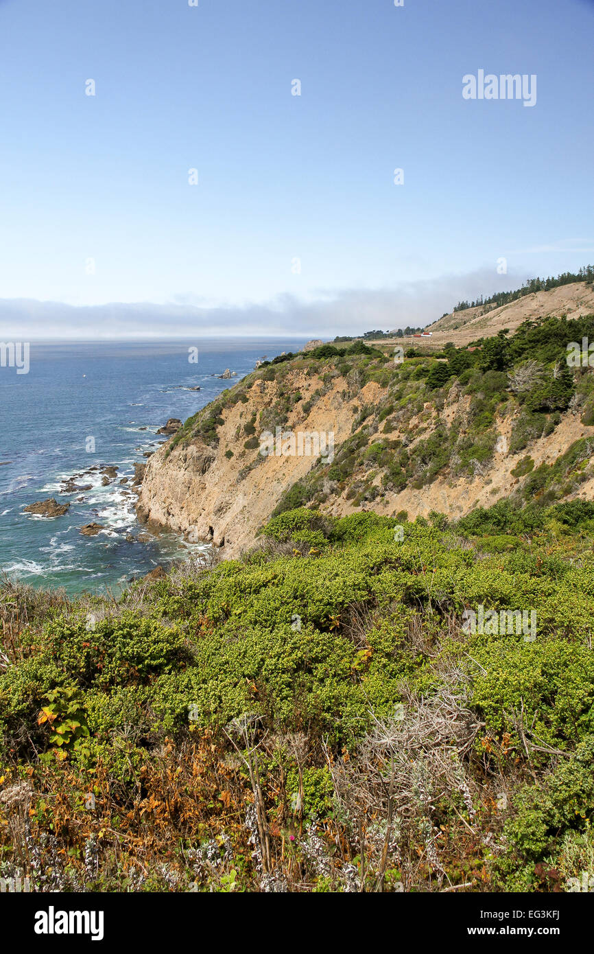 Looking out towards the Pacific Ocean from a stop by Highway One in Mendocino, California Stock Photo