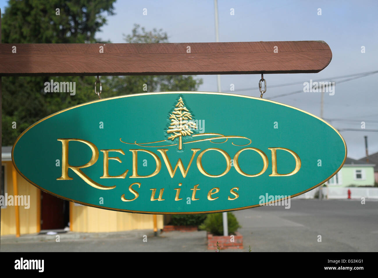 Sign for Redwood Suites, Ferndale, California, United States Stock Photo