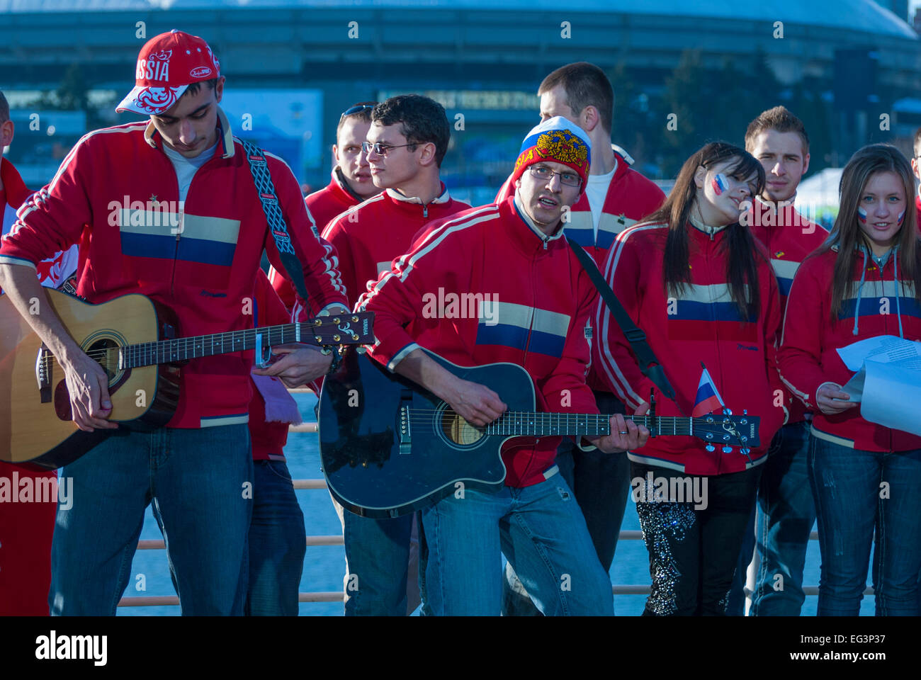 Vancouver, Canada-Feb,20,2010: Team Russia fans singing during 2010 Winter Olympic Games. Stock Photo