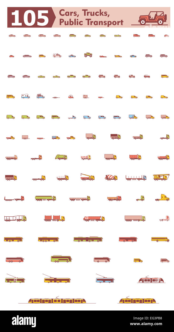 Vector cars, trucks and public transport icons Stock Photo
