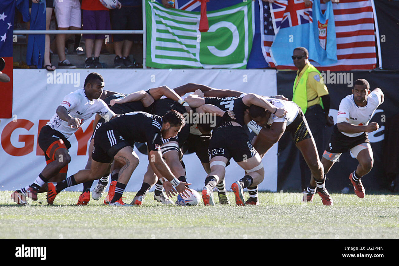 Las Vegas, Nevada, USA. 15th Feb, 2015. New Zealand Rugby Team and Fiji Rugby Team battle for the ball during the USA Sevens Rugby Tournament Cup Final at Sam Boyd Stadium on February 15, 2015 in Las Vegas, Nevada Credit:  Marcel Thomas/ZUMA Wire/Alamy Live News Stock Photo