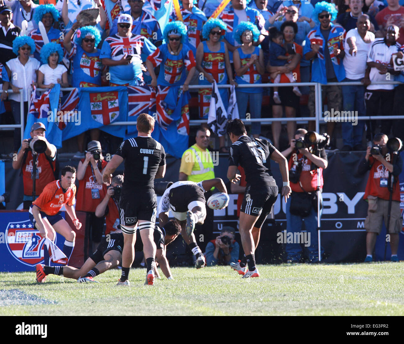 Las Vegas, Nevada, USA. 15th Feb, 2015. New Zealand Rugby Team and Fiji Rugby Team battle for the ball during the USA Sevens Rugby Tournament Cup Final at Sam Boyd Stadium on February 15, 2015 in Las Vegas, Nevada Credit:  Marcel Thomas/ZUMA Wire/Alamy Live News Stock Photo