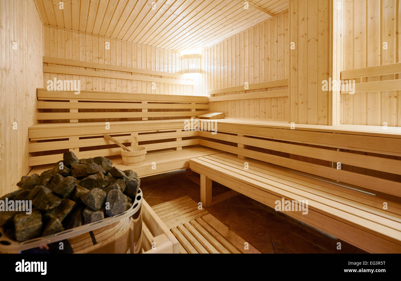 Large Finland-style classic wooden sauna interior Stock Photo