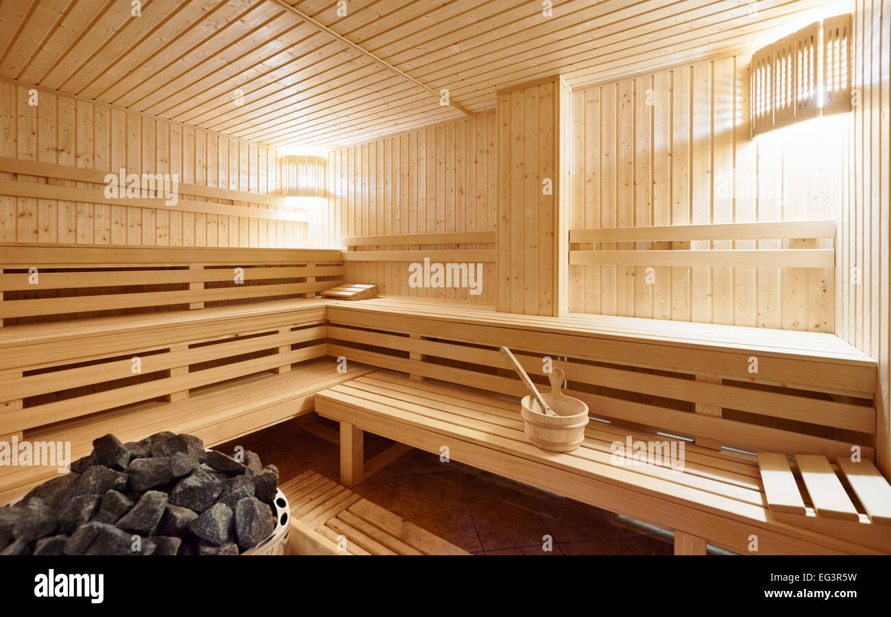 Large Finland-style classic wooden sauna interior Stock Photo