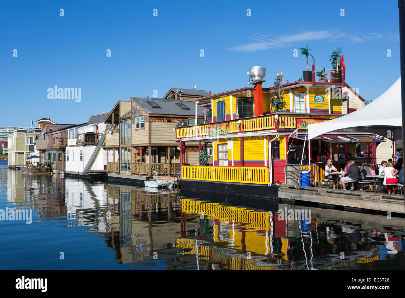 North America, Canada, British Columbia, Vancouver Island, Victoria, House Boats, Floating Mexican Restaurant, Fisherman's Wharf Stock Photo