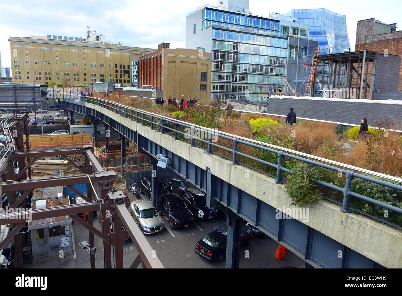 The High Line  an elevated walkway  once a  rail line in the Chelsea district of Manhattan New York near elevated parking . Stock Photo