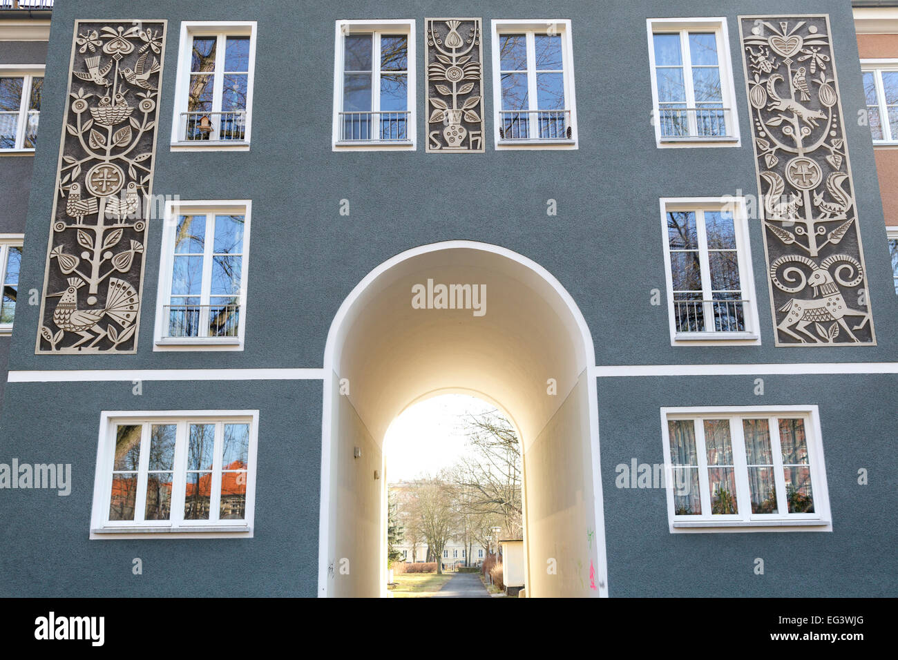 decorative facade of building on Heinrich Heine Allee, Eisenhuettenstadt, Brandenburg, Germany Stock Photo