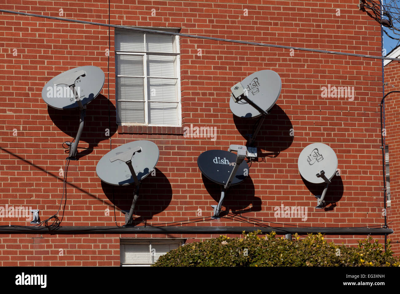 TV satellite dishes mounted on exterior of apartment building - Virginia USA Stock Photo