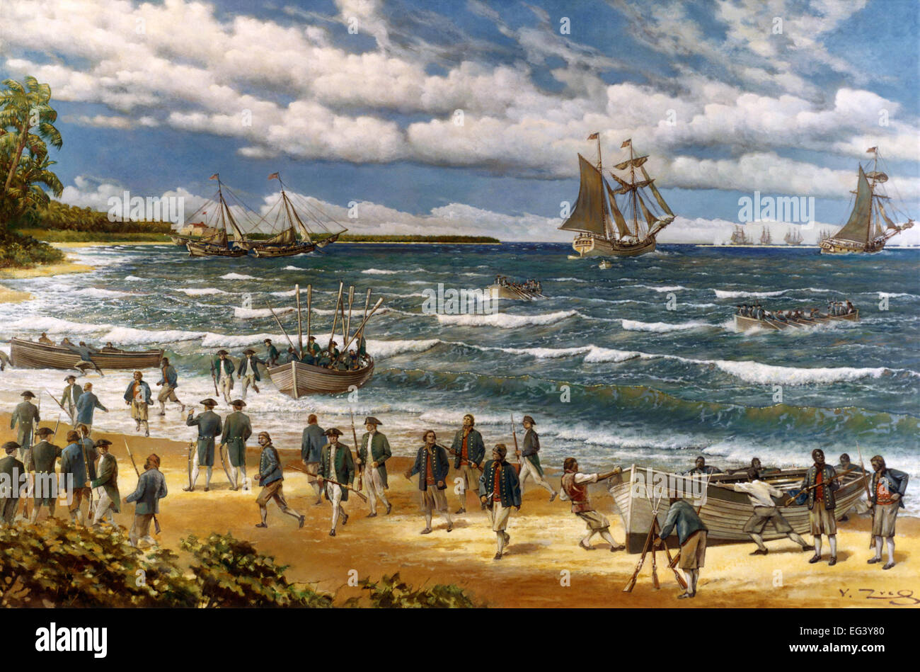 US MARINE CORPS - Continental Marines land on New Providence Island, Bahamas, 3 March 1776 during the Battle of Nassau . This was the  first amphibious landing of the US Marines. Oil painting by US Navy employee V Zveg in 1973. Stock Photo
