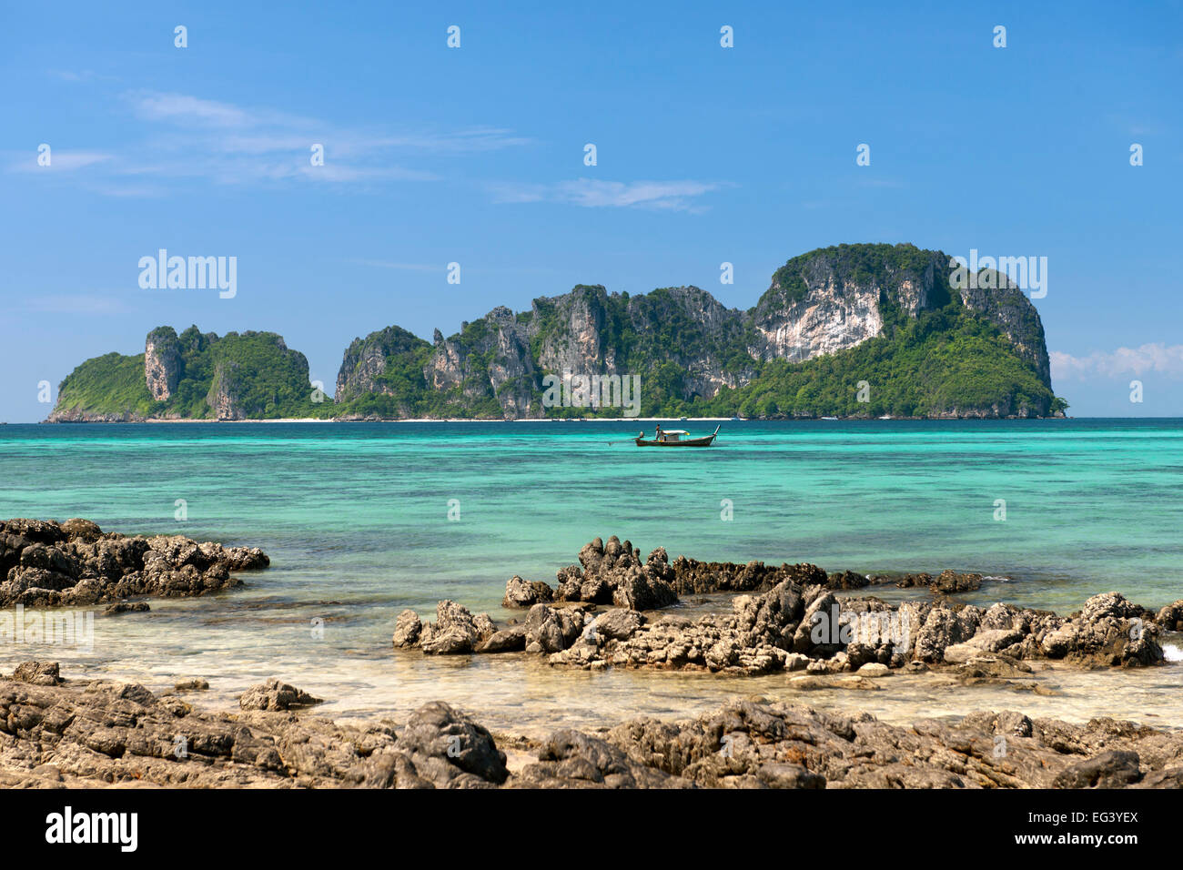 View of Mosquito island from Bamboo island (Ko Mai Phai) near Koh Phi Phi in the Andaman Sea on Thailand's west coast. Stock Photo