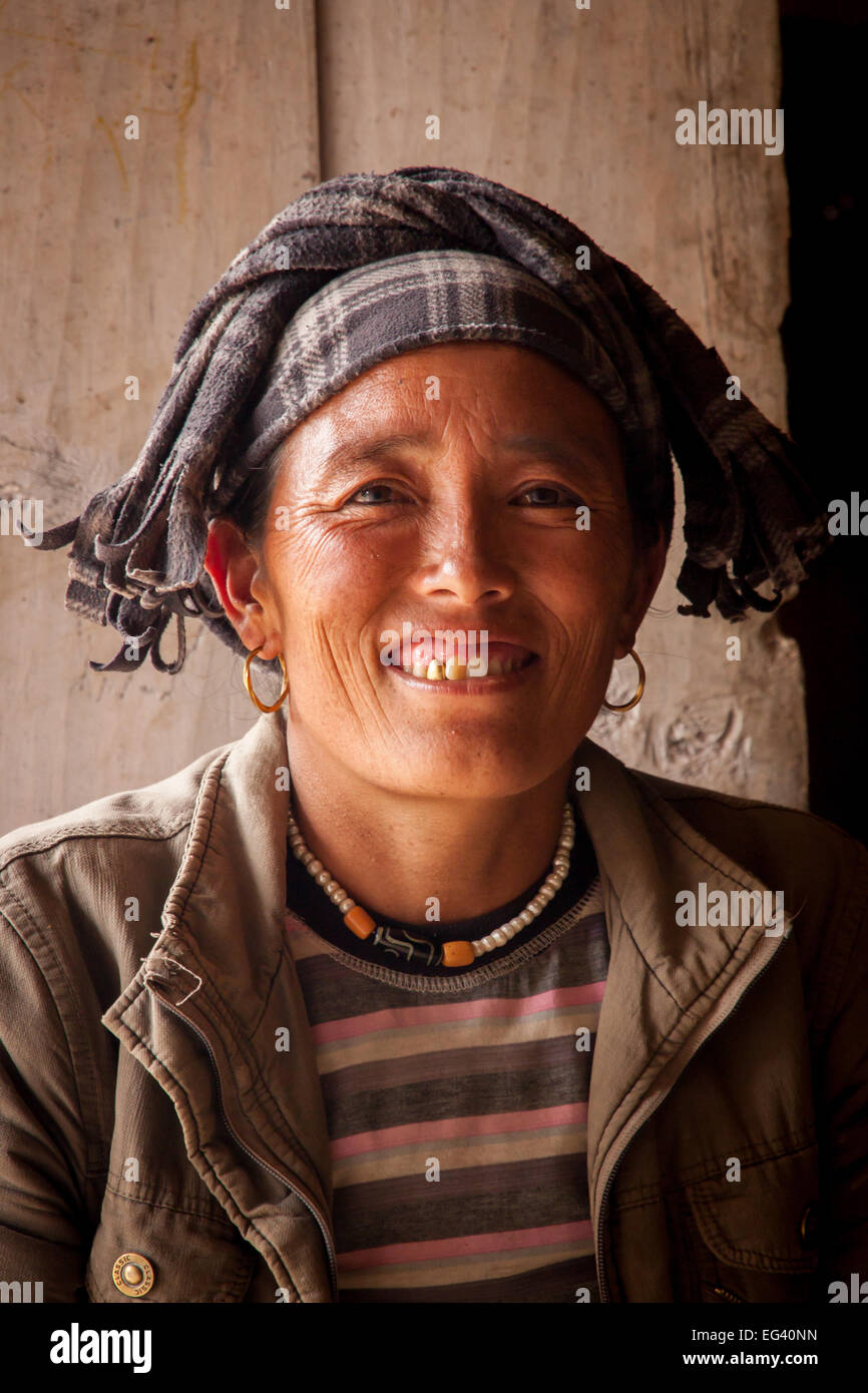 Nepali sherpa in traditional head gear Stock Photo