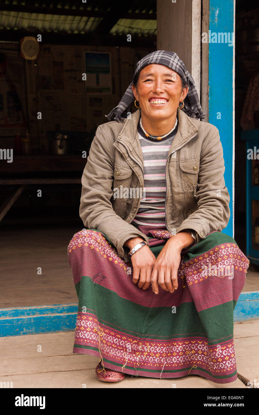 Nepali Sherpa woman in traditional clothes Stock Photo