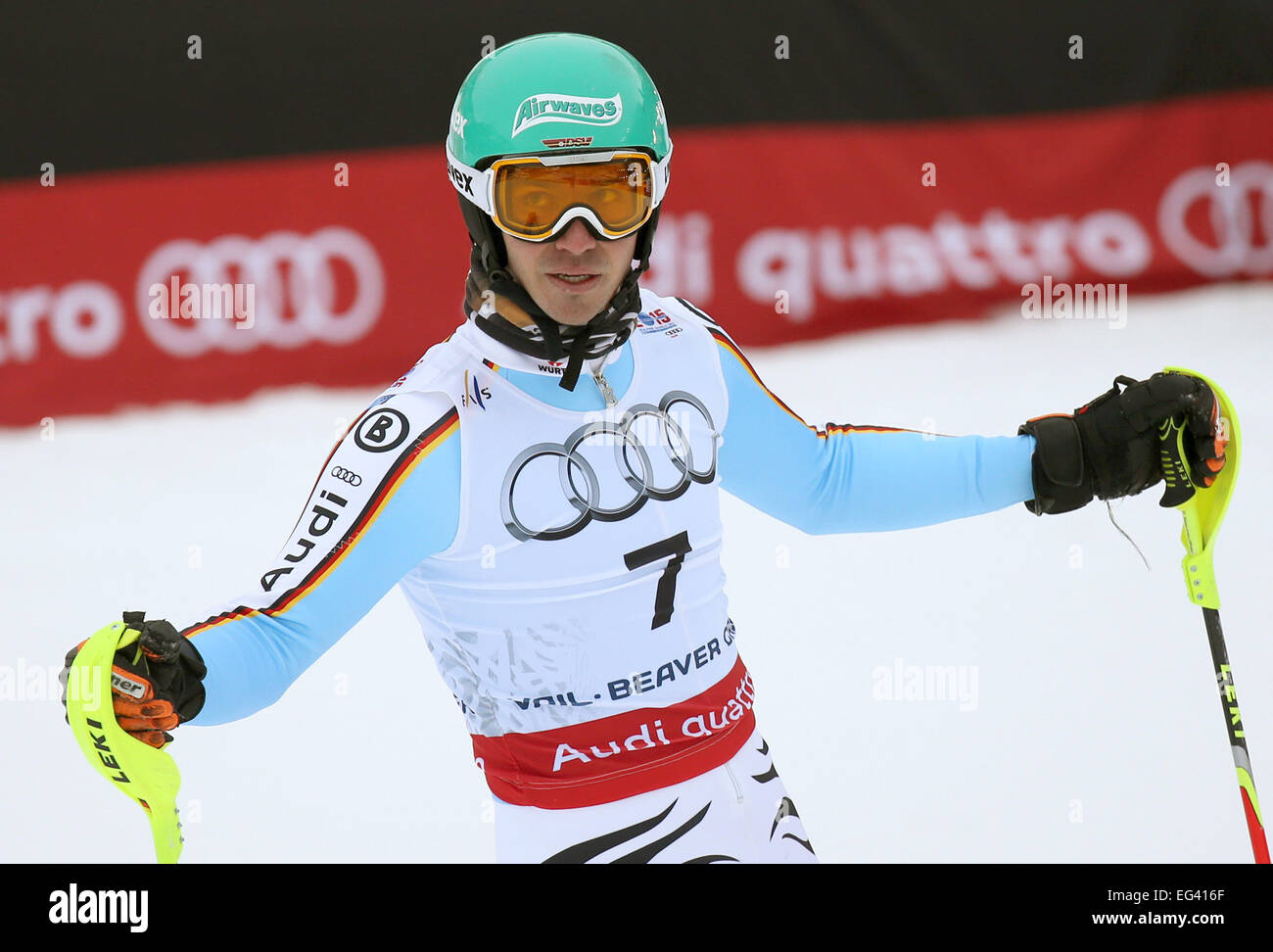 Felix Neureuther of Germany reacts after the first run of the mens slalom at the Alpine Skiing World Championships in Vail - Beaver Creek, Colorado, USA, 15 February 2015. Photo: Stephan Jansen/dpa Stock Photo