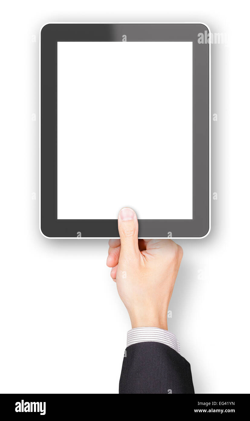 Hand holding a generic 3d rendered tablet with copyspace Stock Photo