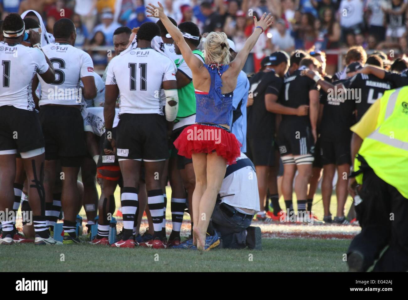 Las Vegas, NV, USA. 15th Feb, 2015. Female Rugby Fan Runs on the Field ...