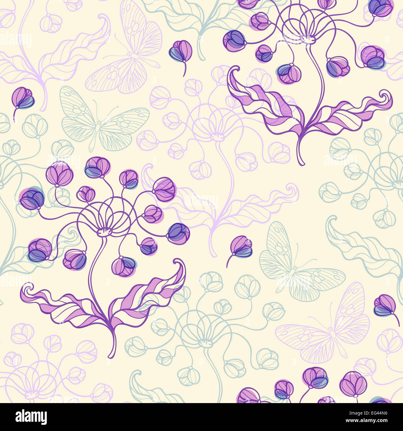 Hand drawn seamless pattern with violet flowers and butterflies Stock ...