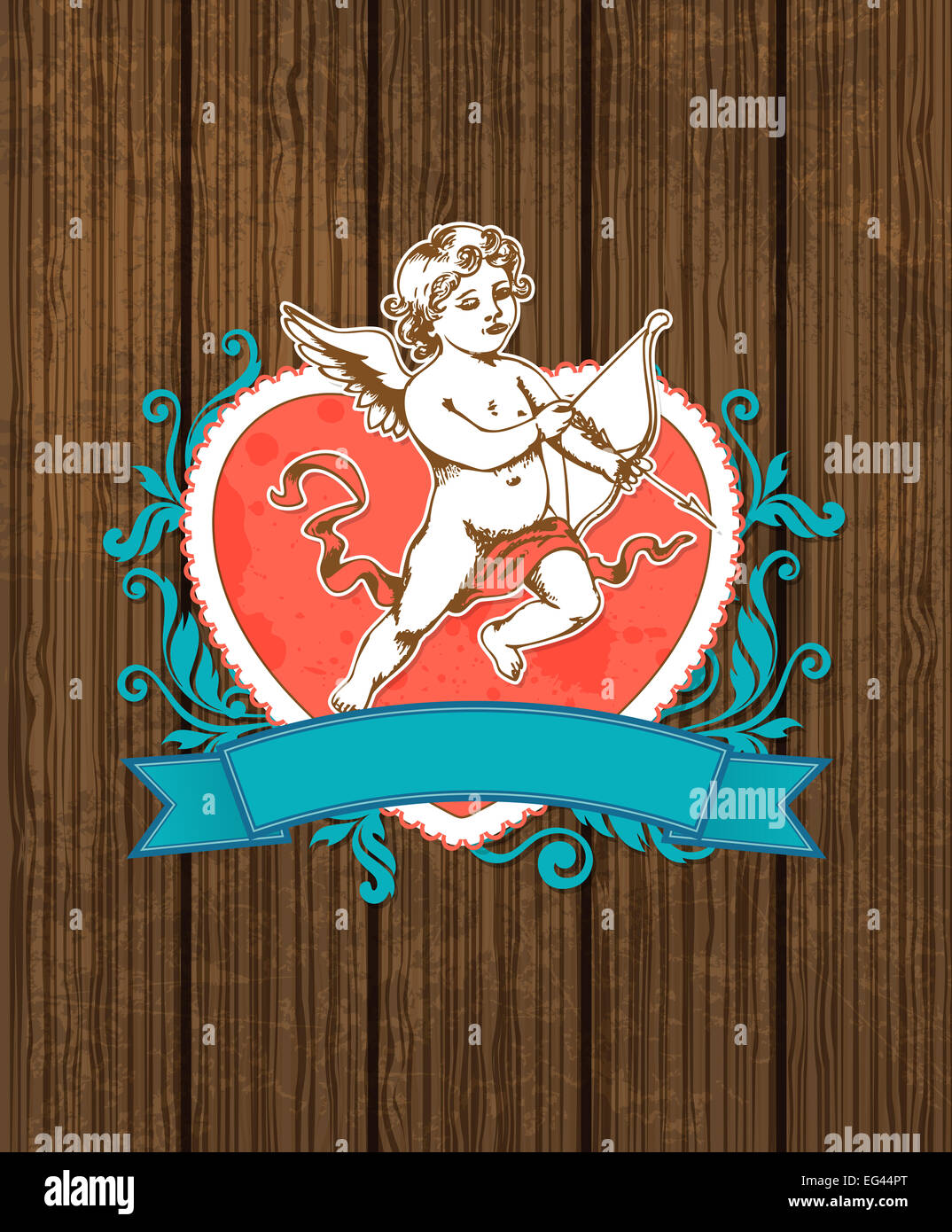 Vintage card for Valentine's Day with red heart and cupid Stock Photo ...