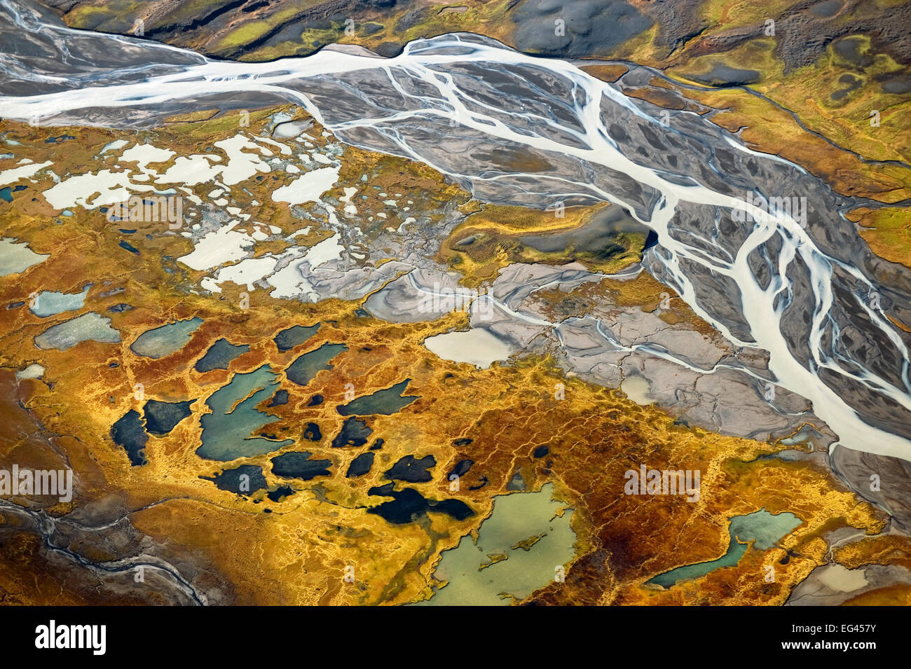 Aerial view down river to the east the Hofsjakull glacier west the Sprengisandur upland desert. Innumerable rivulets flow beneath the glacier in this area tundra which abounds in ponds palsas boasts remarkably rich vegetation this altitude 600m above sea Stock Photo