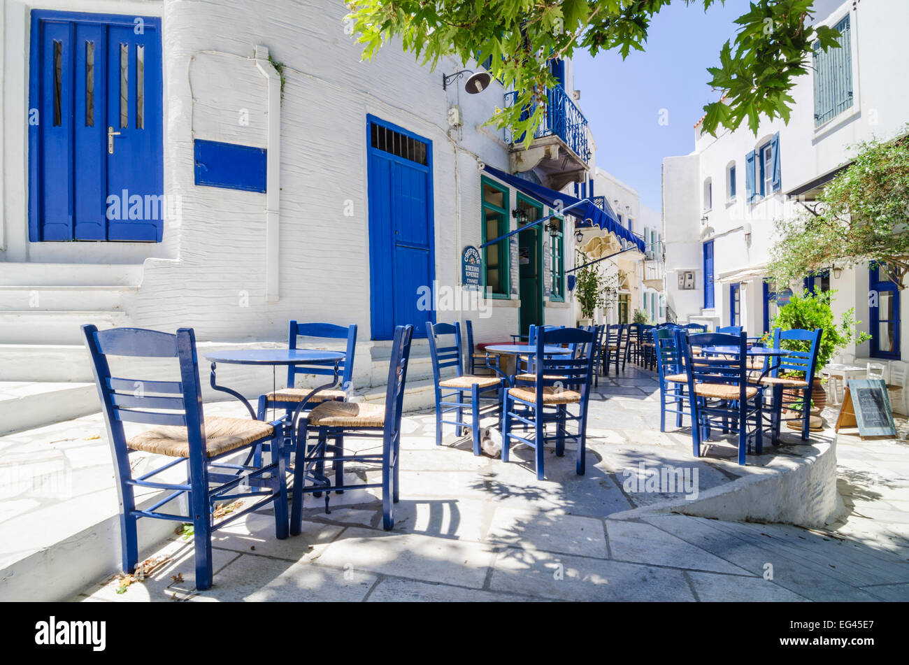 The main square in Pyrgos Town, Tinos Island, Cyclades, Greece Stock