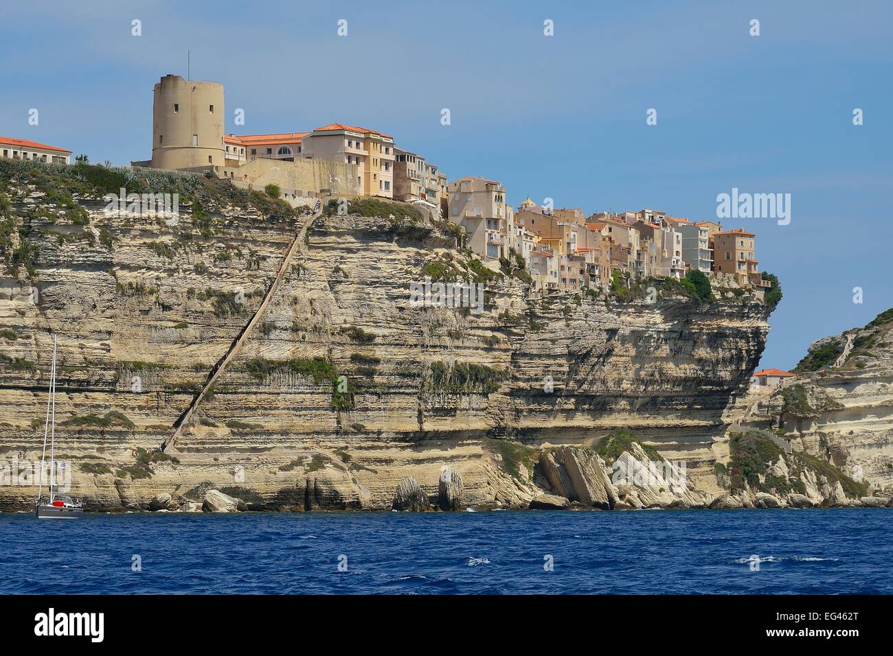 The old town on the cliffs with the stairs of the King of Aragon, Bonifacio, Corse-du-Sud, Corsica, France Stock Photo