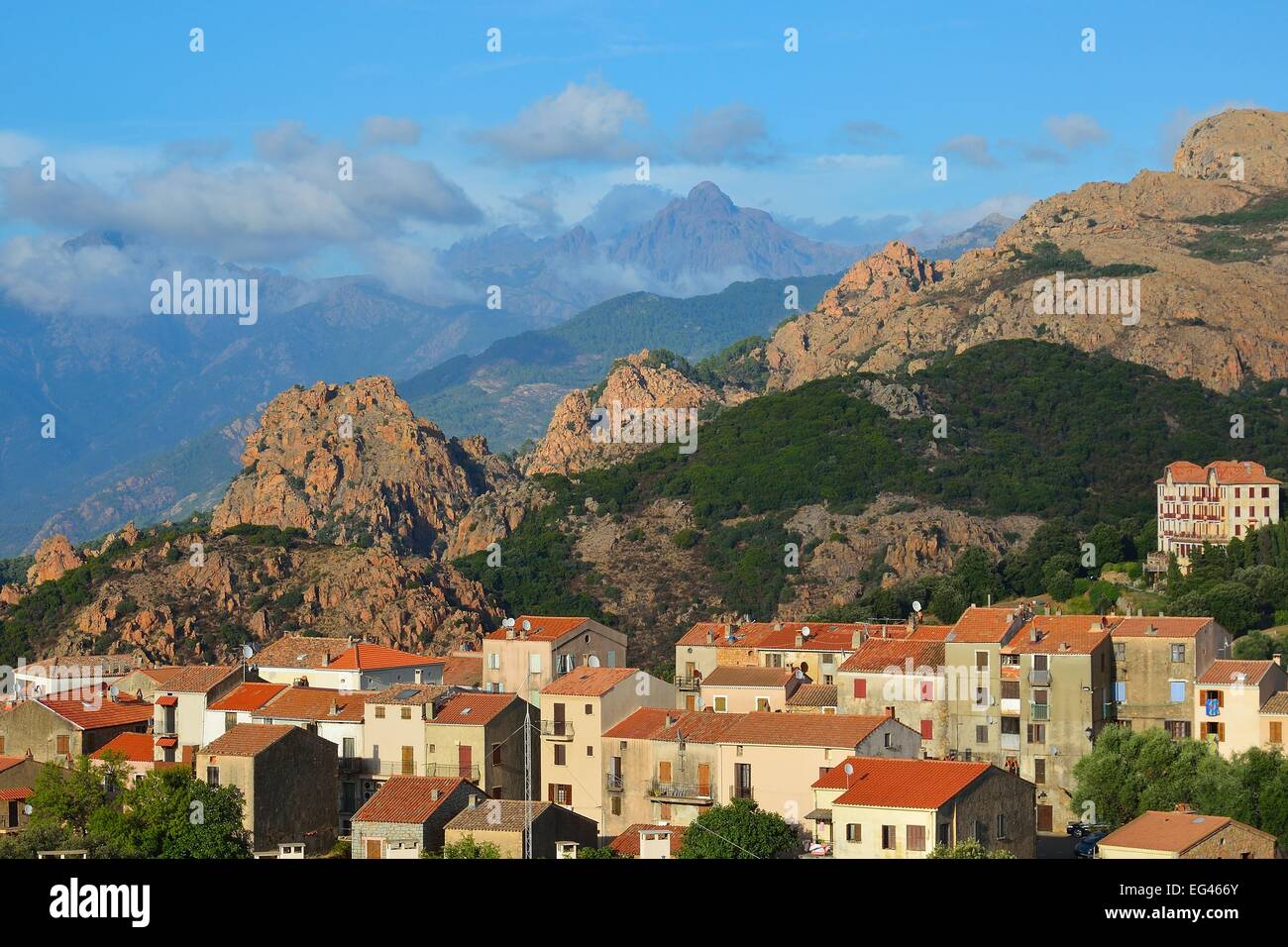 Mountains of the Alta Rocca with the city of Sartène, Corsica, France Stock Photo