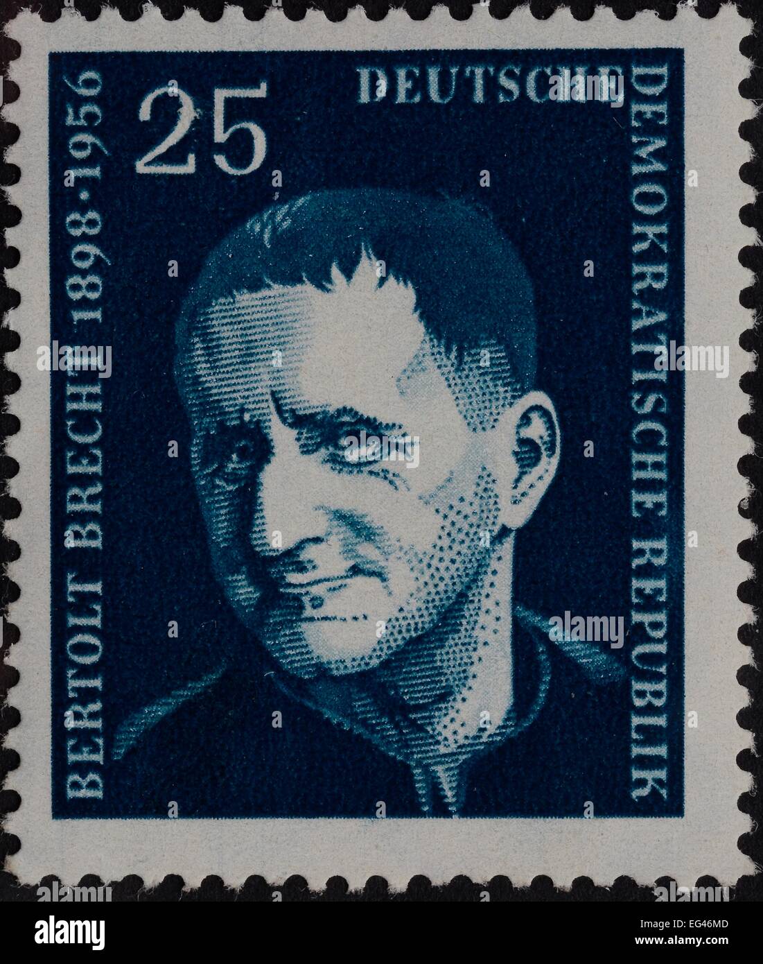BerthoRMd Brecht, a German Marxist, poet, pRMaywright, and theatre director, portrait on a stamp, GDR, 1957 Stock Photo