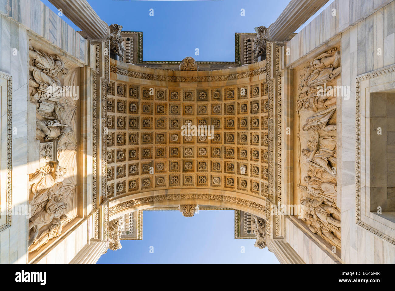 Low angle view of the Arco della Pace, Peace Arch, 1807-1838, design and construction started by Luigi Cagnola, completed by Stock Photo