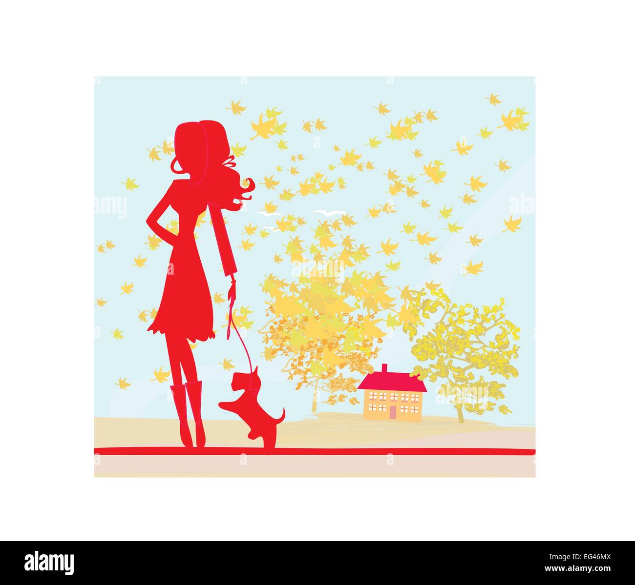 Girl walking with her dog in autumn landscape. Stock Vector