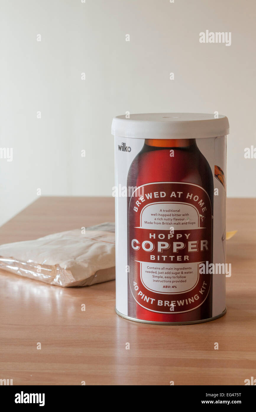 A can of Wilkinson's homebrew beer syrup and packet of dried malt extract Stock Photo