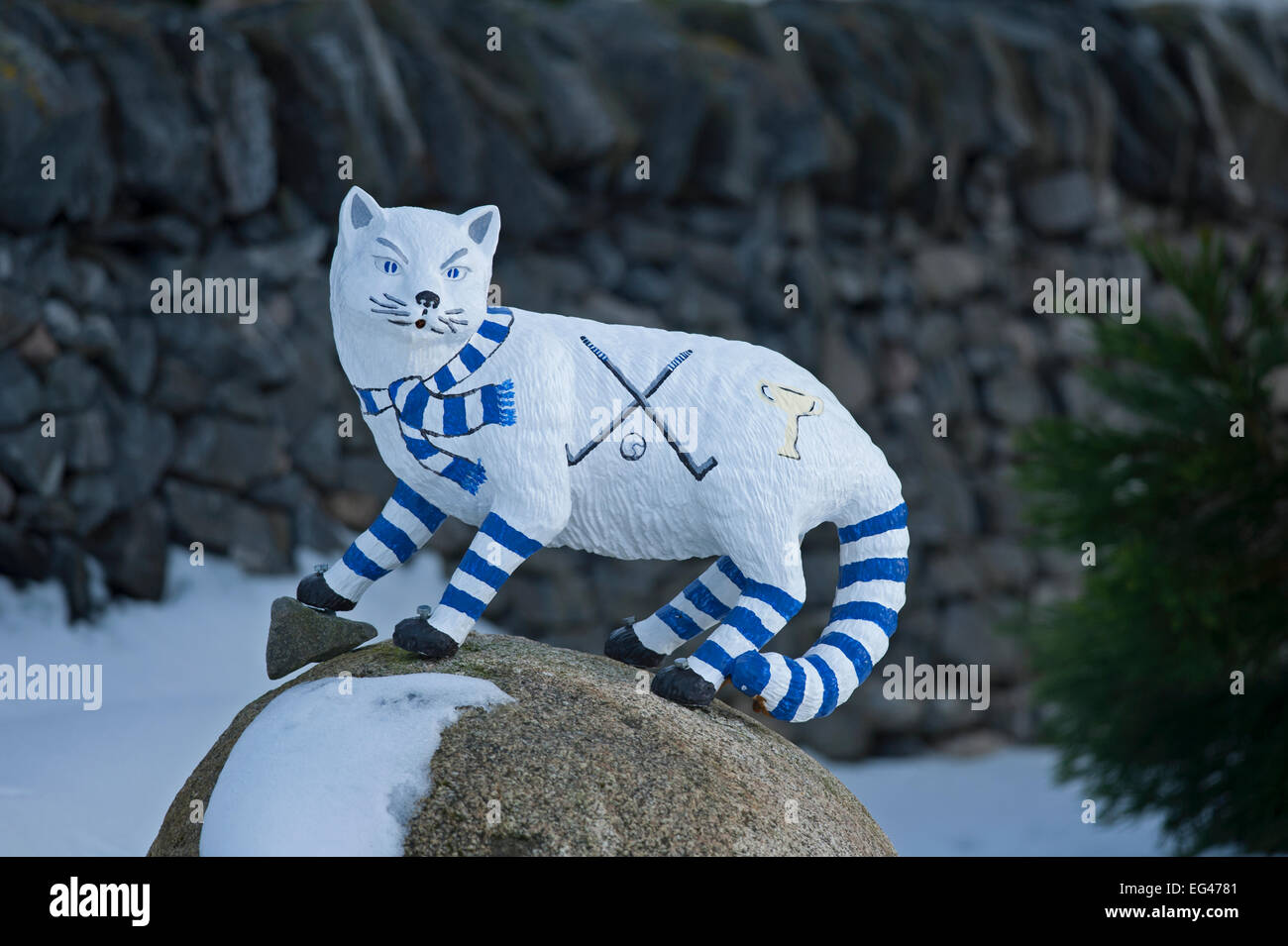 The wild cat mascot of the Newtonmore Shinty Club in Badenoch and Strathspey Inverness-shire Scotland.  SCO 9576. Stock Photo