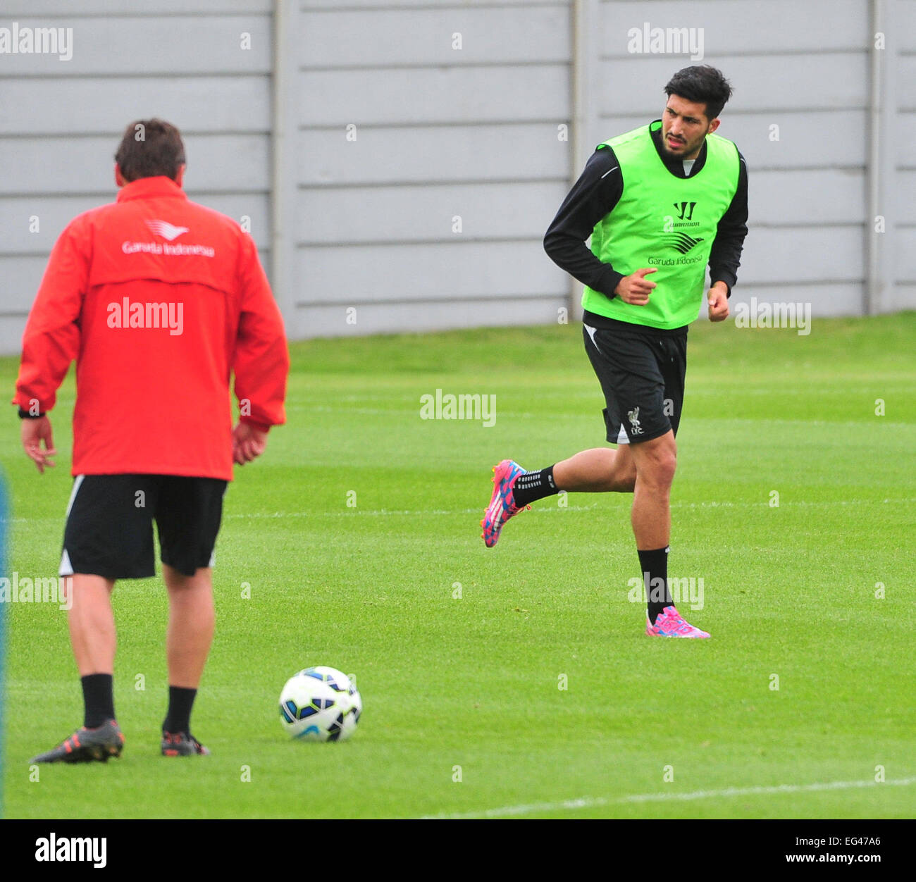 LFC players are seen training ahead of there first game of the season against Southampton.  Featuring: Emre Can Where: Liverpool, United Kingdom When: 14 Aug 2014 Stock Photo
